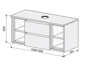 INTEDOOR BARI skříňka pod umyvadlo 140x50x52 cm, 2 zásuvky, 4 police, matná černá BAD1402Z2NA3686/A02 Technický nákres