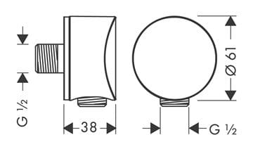 HANSGROHE FIXFIT S přípojka hadice 61 mm se zpětným ventilem 1/2"x1/2", kartáčovaný bronz 26453140 Technický nákres