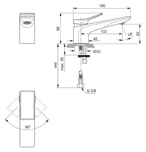 IDEAL STANDARD CONCA umyvadlová stojánková baterie, s odtokovou soupravou, nerez BC754GN Technický nákres