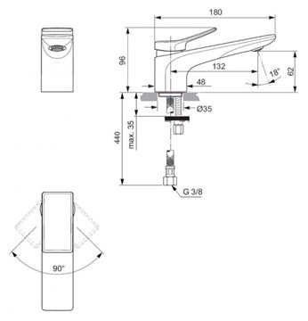 IDEAL STANDARD CONCA umyvadlová stojánková baterie, s odtokovou soupravou, nerez BC754GN Technický nákres