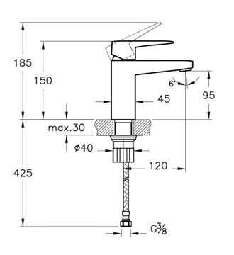 VITRA ROOT SQUARE umyvadlová stojánková baterie, kartáčovaný nikl A4273234EXP Technický nákres