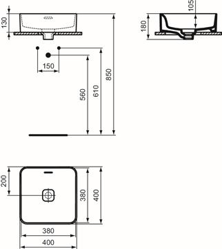 IDEAL STANDARD STRADA II umyvadlo na desku 40 cm, s přepadem T296301 Technický nákres