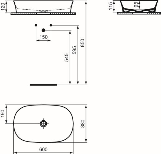 IDEAL STANDARD IPALYSS umyvadlová mísa 60 cm, bez přepadu, nude E1396V7 Technický nákres