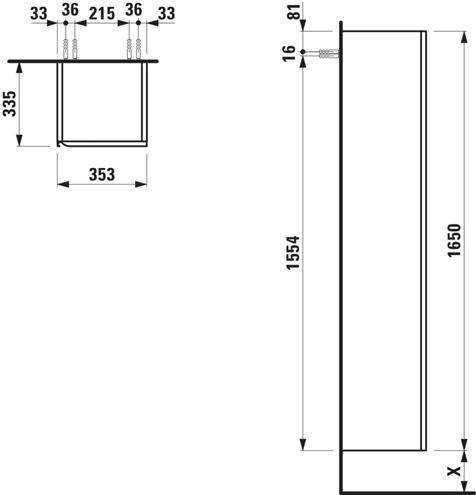 LAUFEN MEDA vysoká skříňka 35,5x33,5x165 cm, 1 dvířka, panty vpravo, divoký dub H4216520112671 Technický nákres