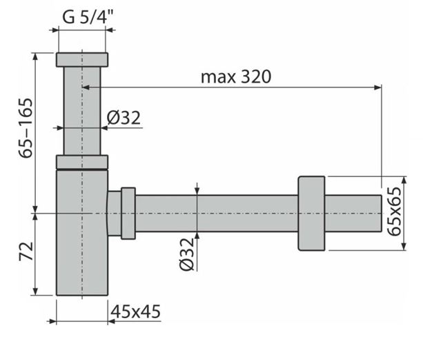 EASY designový sifon k umyvadlu DN32, s převlečnou maticí 5/4, chrom ZAS220 Technický nákres