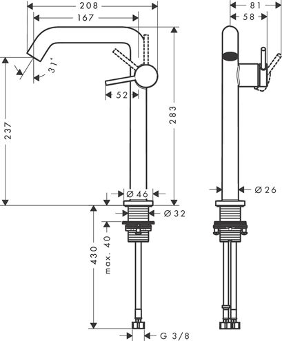 HANSGROHE TECTURIS S umyvadlová stojánková baterie 240 Fine, s odtokovou soupravou, CoolStart, EcoSmart+, kartáčovaný bronz 73370140 Technický nákres