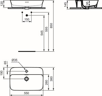 IDEAL STANDARD IPALYSS umyvadlo na desku 55 cm, s přepadem, black matt E2077V3 Technický nákres