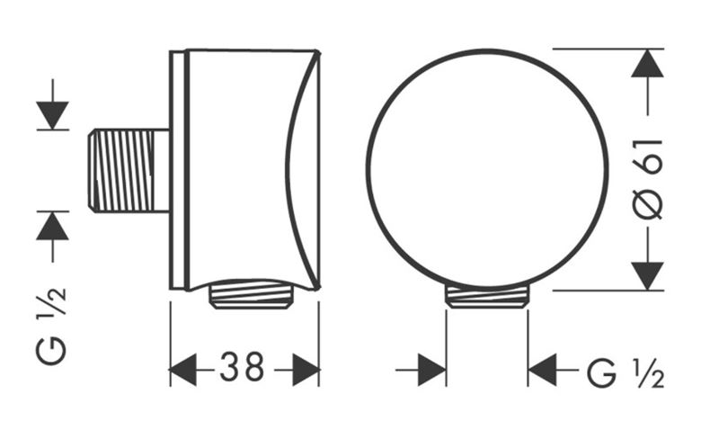 HANSGROHE FIXFIT S přípojka hadice 61 mm se zpětným ventilem 1/2"x1/2", chrom 26453000 Technický nákres