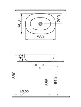 VITRA OUTLINE umyvadlová mísa 58 cm, bez přepadu, VitrAhygiene, matná šedá 5995B476-0016 Technický nákres