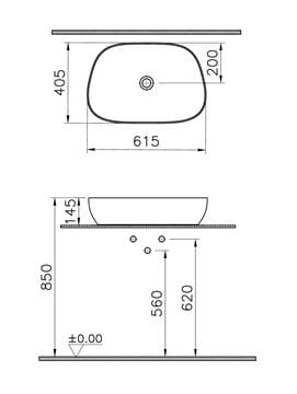 VITRA OUTLINE umyvadlová mísa 61,5 cm, bez přepadu, VitrAhygiene, matná béžová 5993B420-0016 Technický nákres