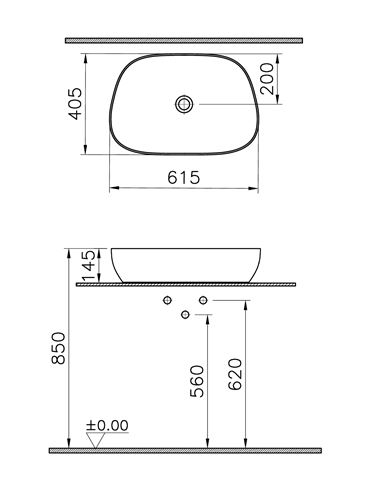 VITRA OUTLINE umyvadlová mísa 61,5 cm, bez přepadu, VitrAhygiene, matná béžová 5993B420-0016 Technický nákres
