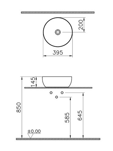VITRA OUTLINE umyvadlová mísa 40 cm, bez přepadu, VitrAhygiene, matná šedá 5992B476-0016 Technický nákres