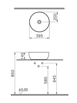 VITRA OUTLINE umyvadlová mísa 40 cm, bez přepadu, VitrAhygiene, matná šedá 5992B476-0016 Technický nákres