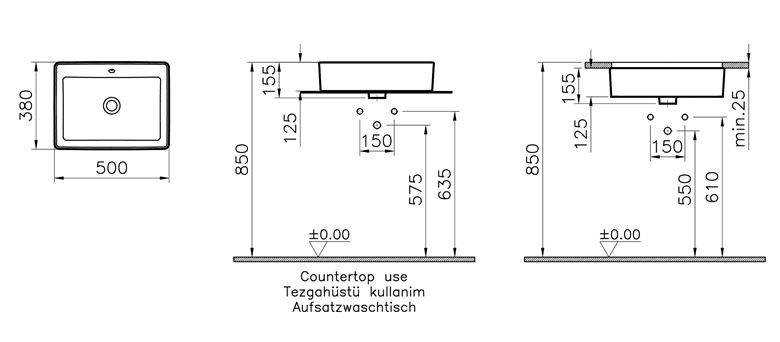 VITRA NUO umyvadlo na desku 50 cm, s přepadem 7436B003-0012 Technický nákres