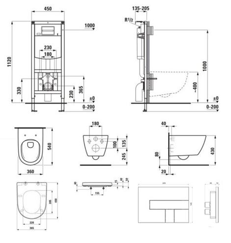 LAUFEN FIORA závěsné WC s montážním prvkem Laufen Ineo CW102, Rimless splachování, SoftClose sedátko, chromové tlačítko PT2.LADF-RSC.CR.6 Technický nákres
