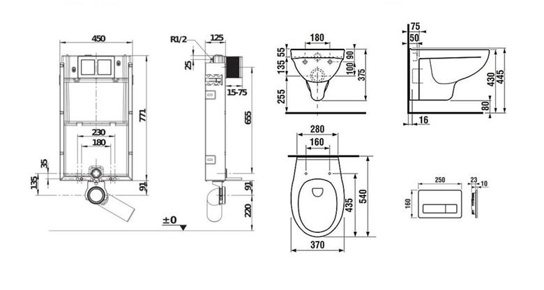 JIKA ENIGMA závěsné WC s montážním prvkem Jika Basic, sedátko, bílé tlačítko PT1.JIKF-KK.W.21 Technický nákres