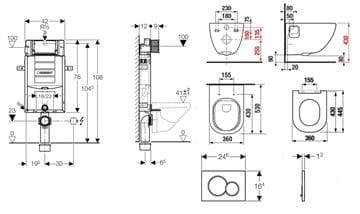 JIKA MIO-N závěsné WC s montážním prvkem KOMBIFIX, Rimless splachování, sedátko, bílé tlačítko PT2.GEKF-KK.W.30 Technický nákres