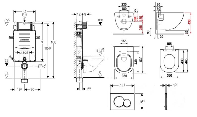 JIKA MIO-N závěsné WC s montážním prvkem KOMBIFIX, Rimless splachování, sedátko, bílé tlačítko PT2.GEKF-KK.W.30 Technický nákres