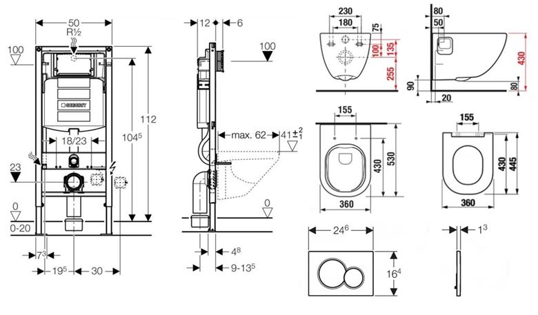 JIKA MIO-N závěsné WC s montážním prvkem DUOFIX, Rimless splachování, sedátko, bílé tlačítko PT2.GEDF-KK.W.32 Technický nákres