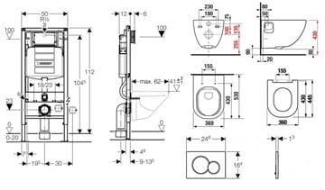 JIKA MIO-N závěsné WC s montážním prvkem DUOFIX, Rimless splachování, sedátko, bílé tlačítko PT2.GEDF-KK.W.32 Technický nákres
