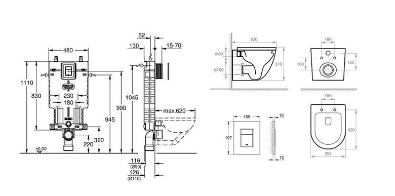 BASIC PRO závěsné WC s montážním prvkem Grohe Uniset, Tornado Flush splachování, SoftClose sedátko, chromové tlačítko PT1.GRKF-RSC.CR.1 Technický nákres