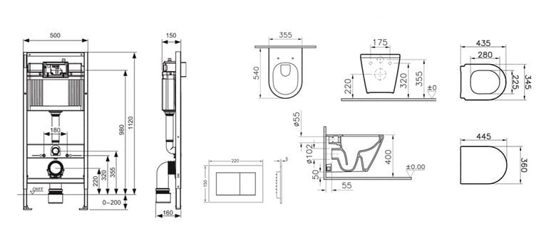 VITRA INTEGRA závěsné WC s montážním prvkem TECEbase, Rim-ex splachování, SoftClose sedátko, bílé tlačítko  PT2.TEDF-RSC.W.35 Technický nákres