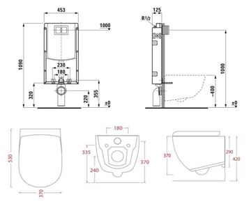 ARTCERAM FILE 2.0 závěsné WC s montážním prvkem Laufen Ineo TW102, Rimless splachování, SoftClose sedátko, černé tlačítko PT3.LAKF-RSC.B.40 Technický nákres
