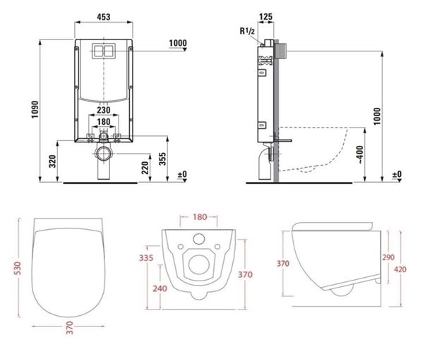 ARTCERAM FILE 2.0 závěsné WC s montážním prvkem Laufen Ineo TW102, Rimless splachování, SoftClose sedátko, černé tlačítko PT3.LAKF-RSC.B.40 Technický nákres