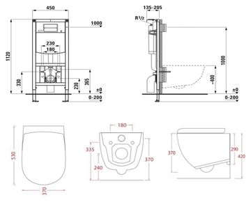 ARTCERAM FILE 2.0 závěsné WC s montážním prvkem Laufen Ineo TW102, Rimless splachování, SoftClose sedátko, černé tlačítko PT3.LADF-RSC.B.41 Technický nákres