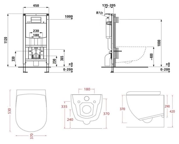 ARTCERAM FILE 2.0 závěsné WC s montážním prvkem Laufen Ineo TW102, Rimless splachování, SoftClose sedátko, černé tlačítko PT3.LADF-RSC.B.41 Technický nákres