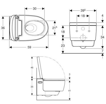 GEBERIT AQUACLEAN MERA COMFORT závěsné WC s bidetovým sedátkem, SoftClosing, TurboFlush, KeraTect, bílá 146.210.11.1 Technický nákres