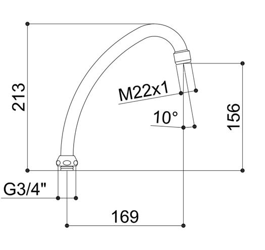 RAF výtokové ramínko 169 mm, chrom RJ200 Technický nákres