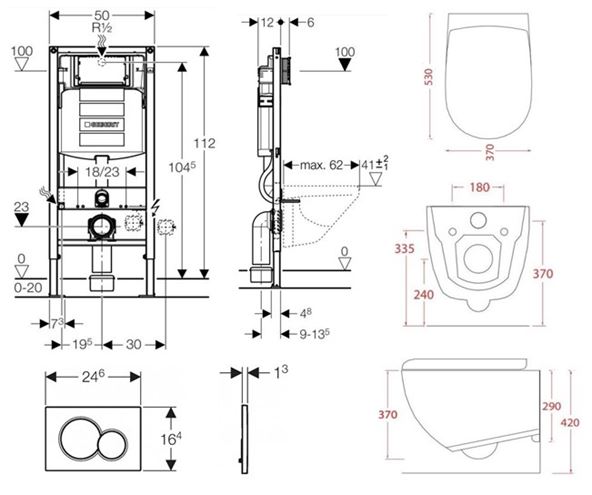 ARTCERAM FILE 2.0 závěsné WC s montážním prvkem Concept Duofix, Rimless splachování, SoftClose sedátko, bílé tlačítko PT2.GEDF-RSC.W.10 Technický nákres