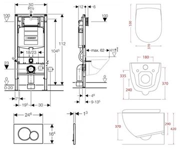ARTCERAM FILE 2.0 závěsné WC s montážním prvkem Concept Duofix, Rimless splachování, SoftClose sedátko, bílé tlačítko PT2.GEDF-RSC.W.10 Technický nákres