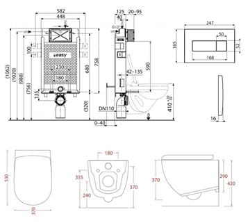 ARTCERAM FILE 2.0 závěsné WC s montážním prvkem Easy Renovmodul, Rimless splachování, SoftClose sedátko, černé tlačítko PT3.ALKF-RSC.B.13 Technický nákres