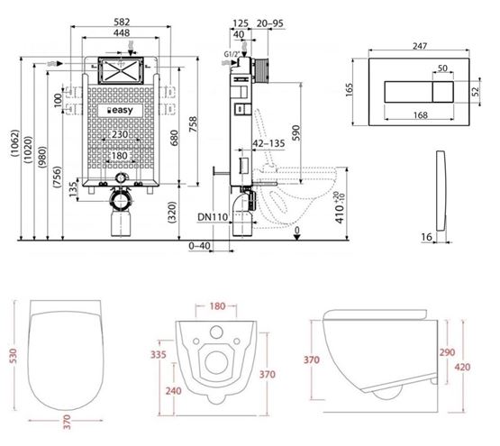 ARTCERAM FILE 2.0 závěsné WC s montážním prvkem Easy Renovmodul, Rimless splachování, SoftClose sedátko, černé tlačítko PT3.ALKF-RSC.B.13 Technický nákres