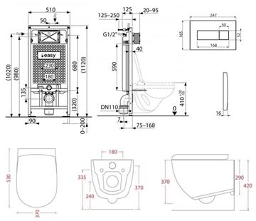 ARTCERAM FILE 2.0 závěsné WC s montážním prvkem Easy Sádromodul, Rimless splachování, SoftClose sedátko, černé tlačítko PT3.ALDF-RSC.B.14 Technický nákres