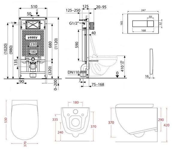 ARTCERAM FILE 2.0 závěsné WC s montážním prvkem Easy Sádromodul, Rimless splachování, SoftClose sedátko, černé tlačítko PT3.ALDF-RSC.B.14 Technický nákres
