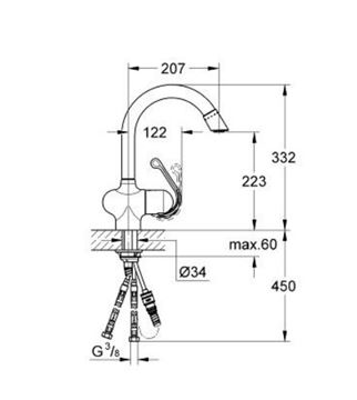 GROHE sprška ke dřezové baterii s hadicí, chrom 46246000 Technický nákres