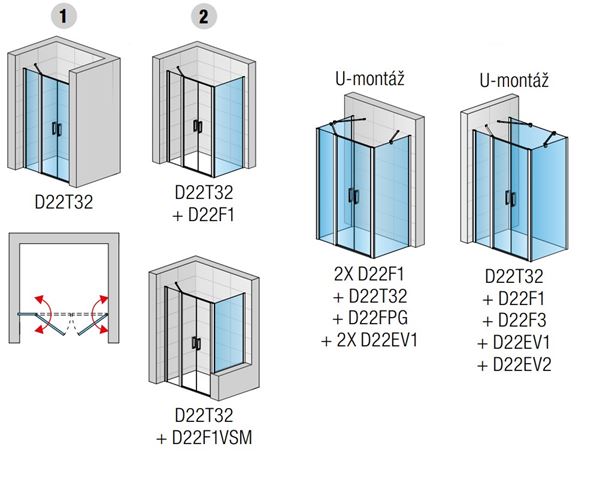 RONAL DIVERA D22T32 sprchové dveře 170x200 cm, vstup 1004 mm, lítací, aluchrom/čiré sklo D22T32 120 50 50 07 Technický nákres
