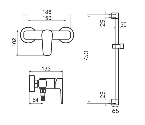 NOVASERVIS METALIA 58 sprchový set s baterií, ruční sprcha se 3 proudy, tyč, hadice, ECO, matná černá  58061KIT,5 Technický nákres