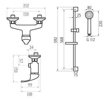 NOVASERVIS TITANIA IRIS sprchový set s baterií, ruční sprcha se 3 proudy, tyč, hadice, chrom 92061KIT,0 Technický nákres