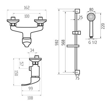 NOVASERVIS TITANIA IRIS sprchový set s baterií, ruční sprcha se 3 proudy, tyč, hadice, chrom 92064KIT,0 Technický nákres