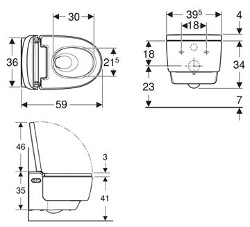 GEBERIT AQUACLEAN MERA COMFORT závěsné WC s bidetovým sedátkem, SoftClosing, TurboFlush, KeraTect, bílá/chrom 146.210.21.1 Technický nákres