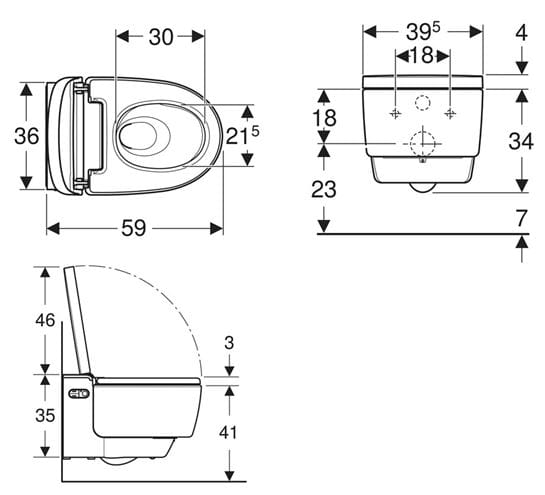 GEBERIT AQUACLEAN MERA COMFORT závěsné WC s bidetovým sedátkem, SoftClosing, TurboFlush, KeraTect, bílá/chrom 146.210.21.1 Technický nákres