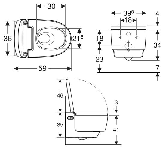 GEBERIT AQUACLEAN MERA CLASSIC závěsné WC s bidetovým sedátkem, SoftClosing, TurboFlush, KeraTect 146.200.11.1 Technický nákres