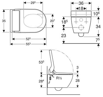 GEBERIT AQUACLEAN TUMA COMFORT závěsné WC s bidetovým sedátkem, SoftOpening, Rimless, KeraTect, bílá/bílé sklo 146.290.SI.1 Technický nákres