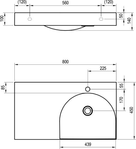 RAVAK LITE umyvadlo 80 cm, s otvorem pro baterii vpravo, bez přepadu, litý mramor XJXL1280000 Technický nákres