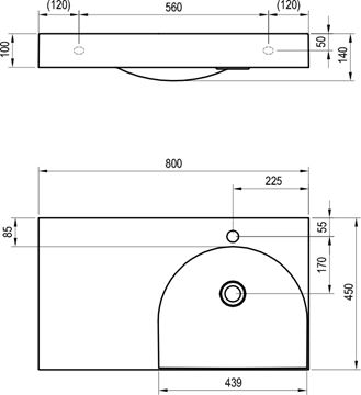 RAVAK LITE umyvadlo 80 cm, s otvorem pro baterii vpravo, bez přepadu, litý mramor XJXL1280000 Technický nákres
