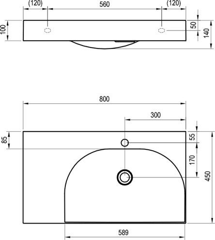 RAVAK LITE umyvadlo 80 cm, s otvorem pro baterii vpravo, bez přepadu, litý mramor XJXL1280001 Technický nákres